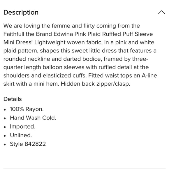 Faithful The Brand Edwina Pink Plaid Ruffled Puff long-Sleeve Mini Dress Size L - Picture 13 of 13